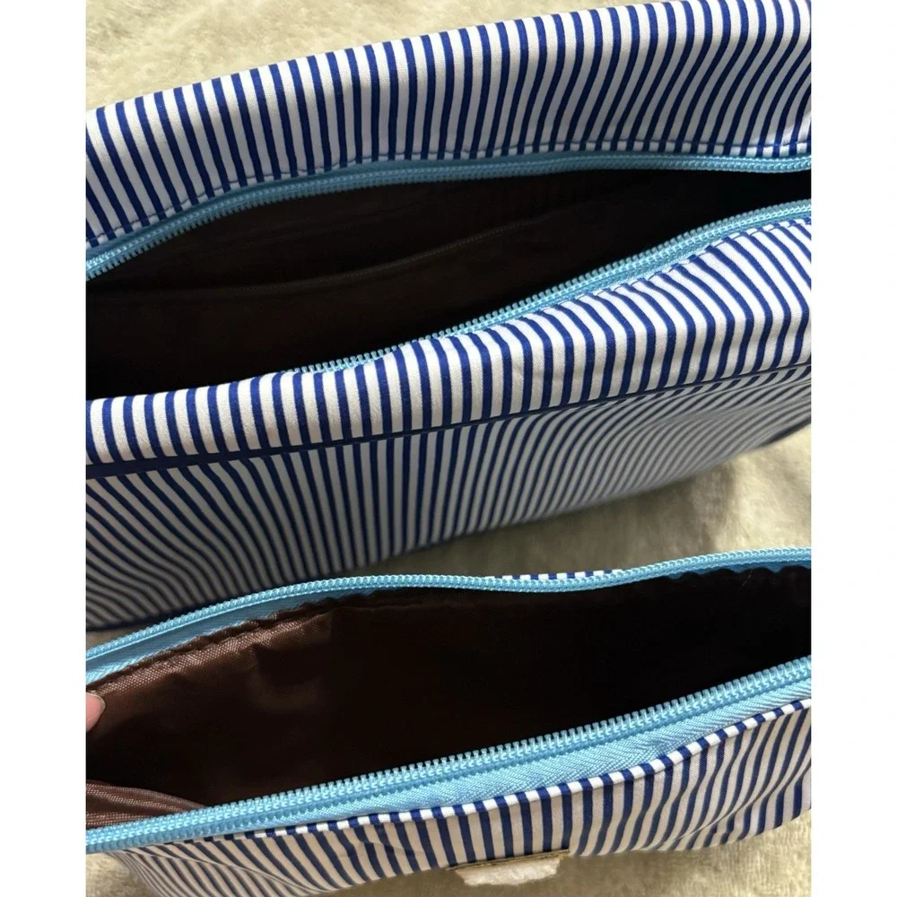 2 NEW Navy Blue & White Striped Fabric Bags Zipper, Makeup, Craft, Monogram 'I'